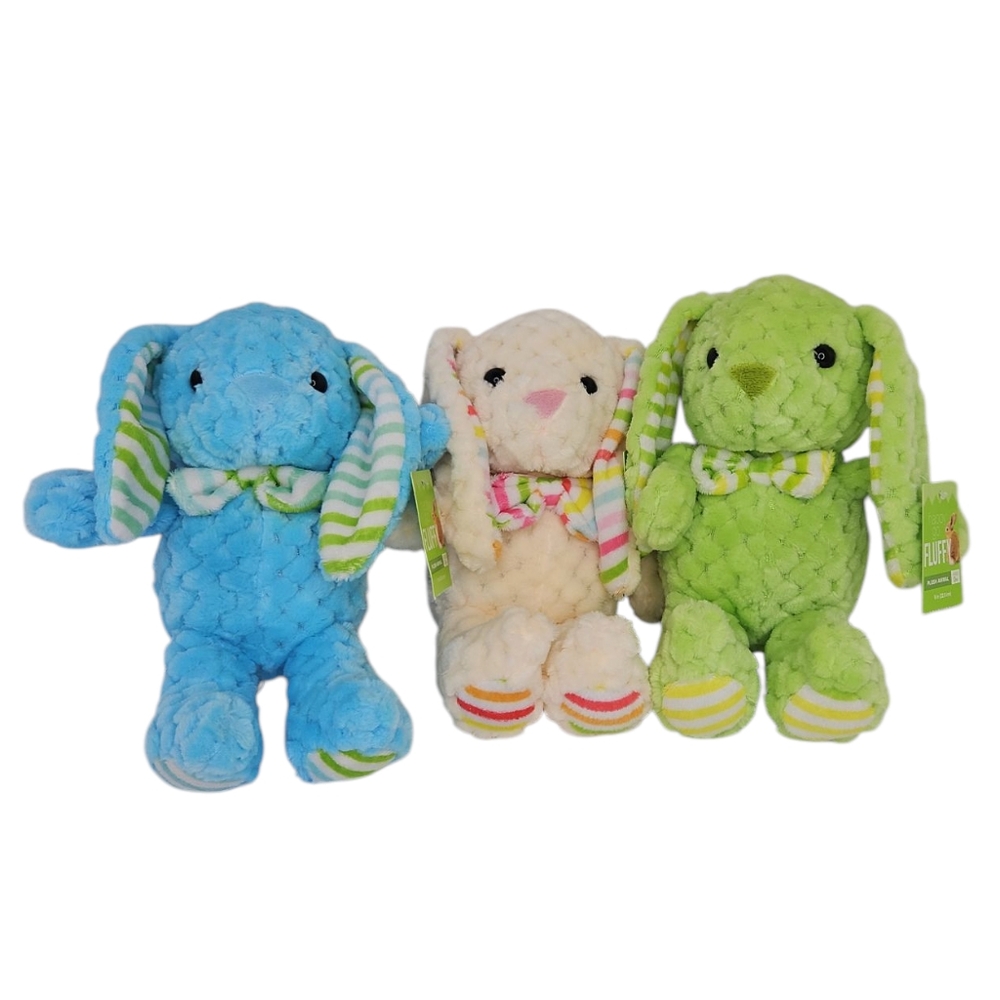 Easter Plush Bunny With Bows Trio Set Blue, Cream, and Green Stuffed Animals 9"